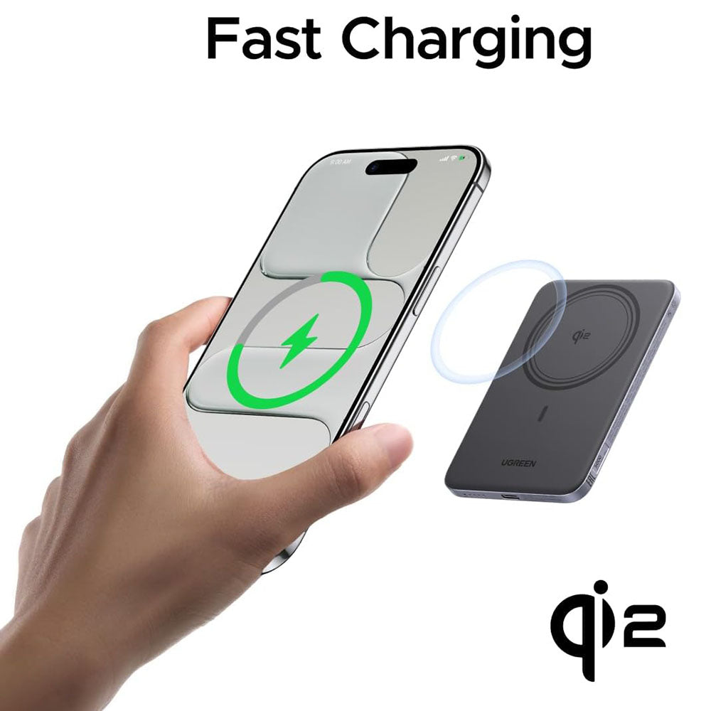 Bežična vanjska baterija UGREEN PB580 (75984B), 5000mAh, 15W, PD + FQI, 1 x QI - 1 x USB-C, Siva