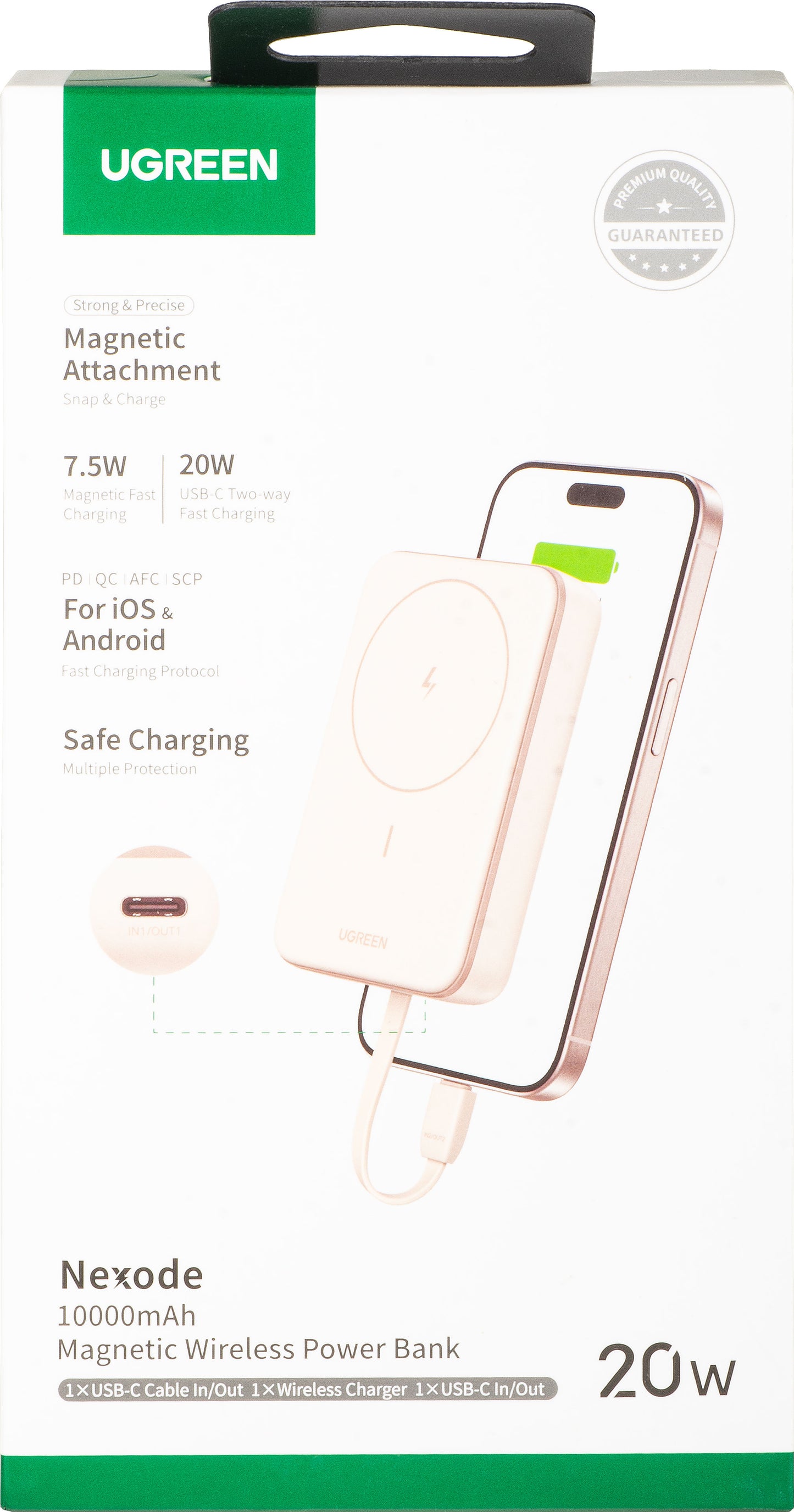 Vanjska bežična baterija UGREEN PB760, 10000mAh, 20W, PD + FQI, 1 x QI - 1 x USB-C, Bež