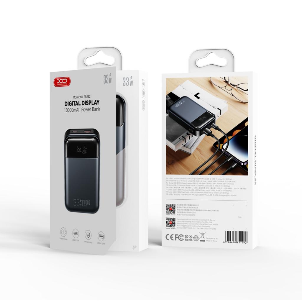 Vanjska baterija XO Design PR232, 10000mAh, 33W, QC + PD, 1 x USB-A - 1 x USB-C, Crna
