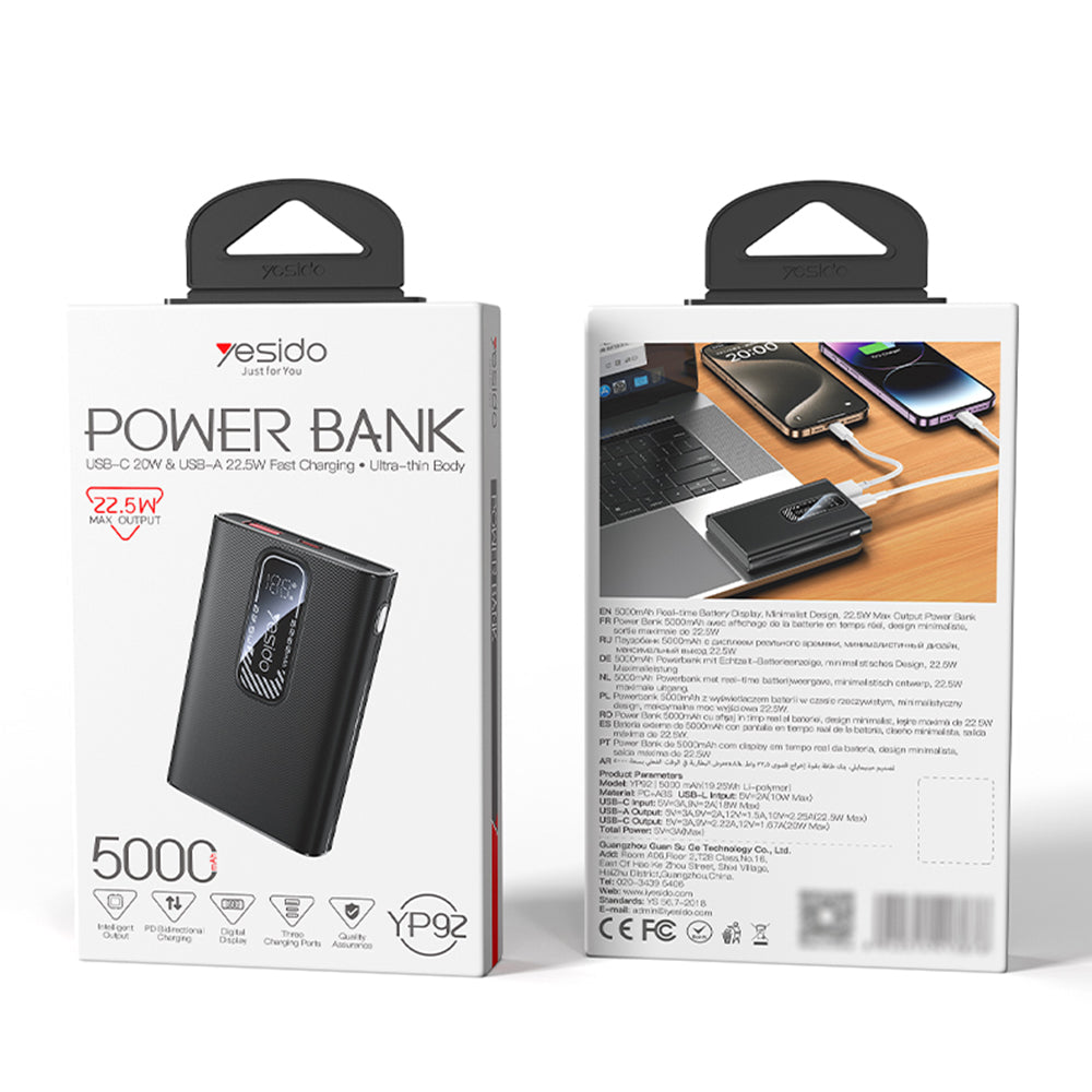 Vanjska baterija Yesido YP92, 5000mAh, 22.5W, QC + PD, 1 x USB-A - 1 x USB-C, Crna