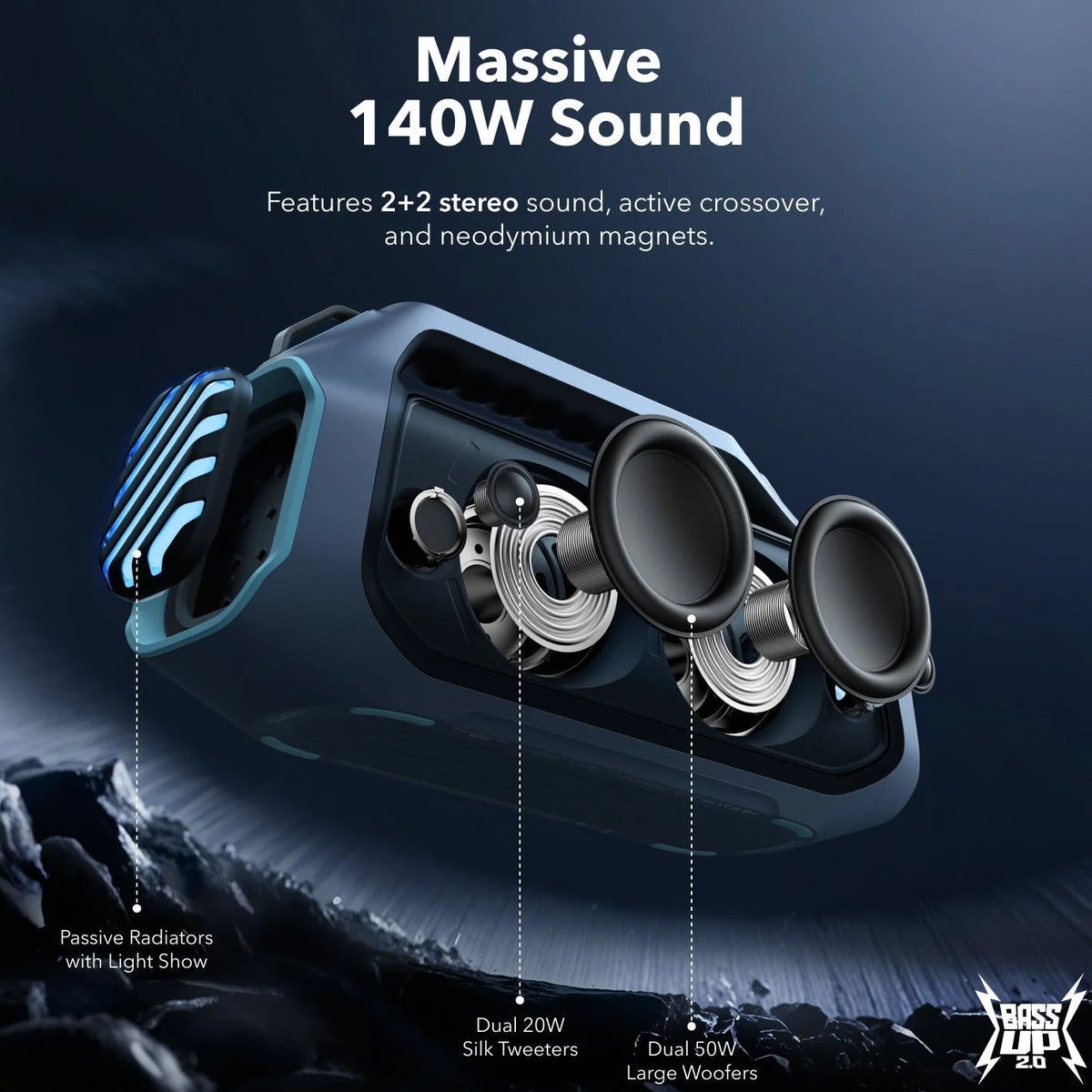 Prijenosni Bluetooth zvučnik Anker SoundCore Boom 2 Plus, 140W, TWS, RGB, vodootporan, plavi A3134031