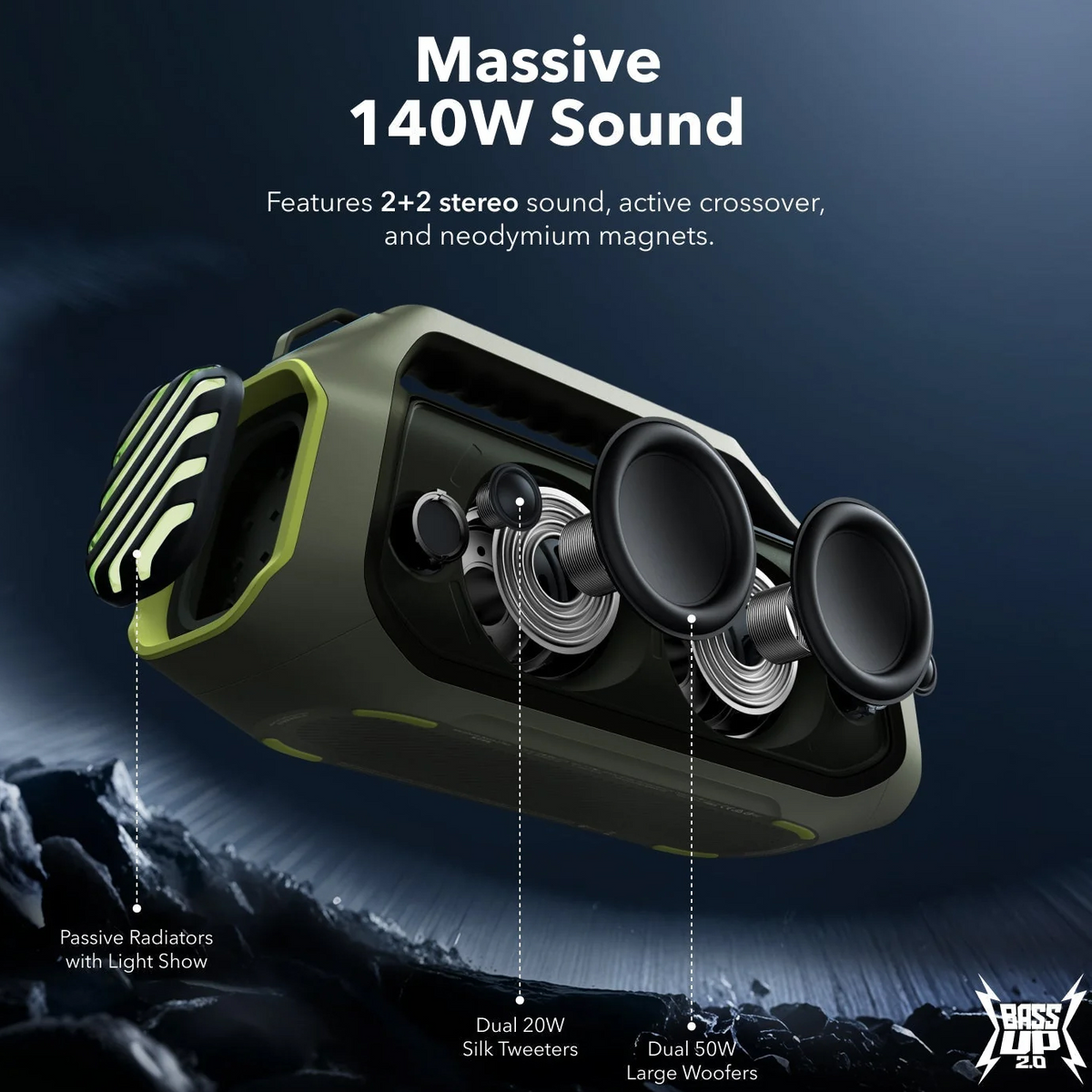 Prijenosni Bluetooth zvučnik Anker SoundCore Boom 2 Plus, 140W, TWS, RGB, Vodootporan, Zeleni, Obnovljen A3134061