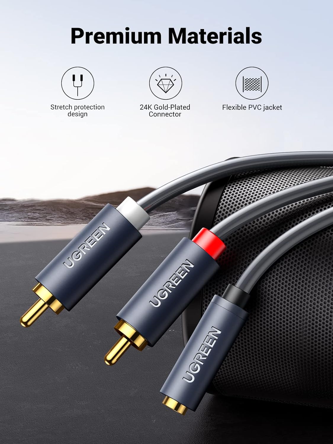 Audio kabel 3.5mm - 2 x RCA UGREEN AV102, 1m, Sivi