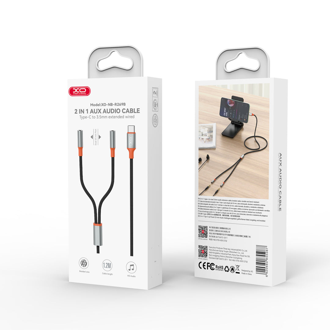 Audio Splitter kabel USB-C - 2 x 3.5mm XO Design NB-R269B 2u1, 1.2m, Crni