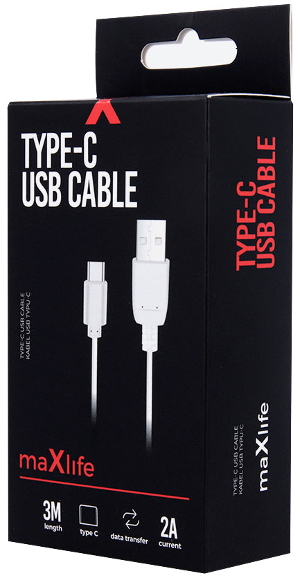 USB-A - USB-C kabel za prijenos podataka i punjenje MaXlife, 20W, 3m, Bijeli