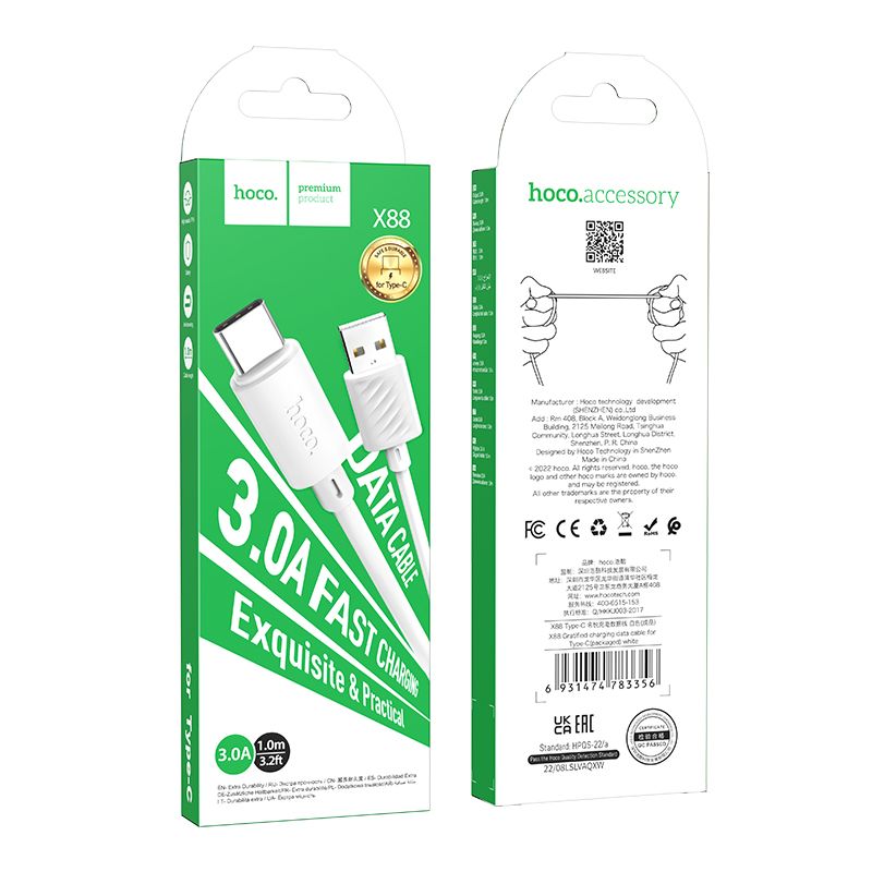 Kabel za Prijenos Podataka i Punjenje USB-A - USB-C HOCO X88, 18W, 1m, Bijeli