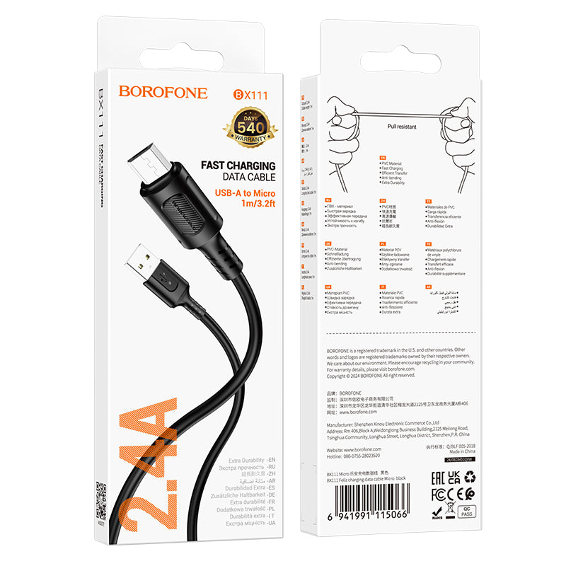 Kabel za podatke i punjenje USB-A - microUSB Borofone BX111 Feliz, 18W, 1m, Crni