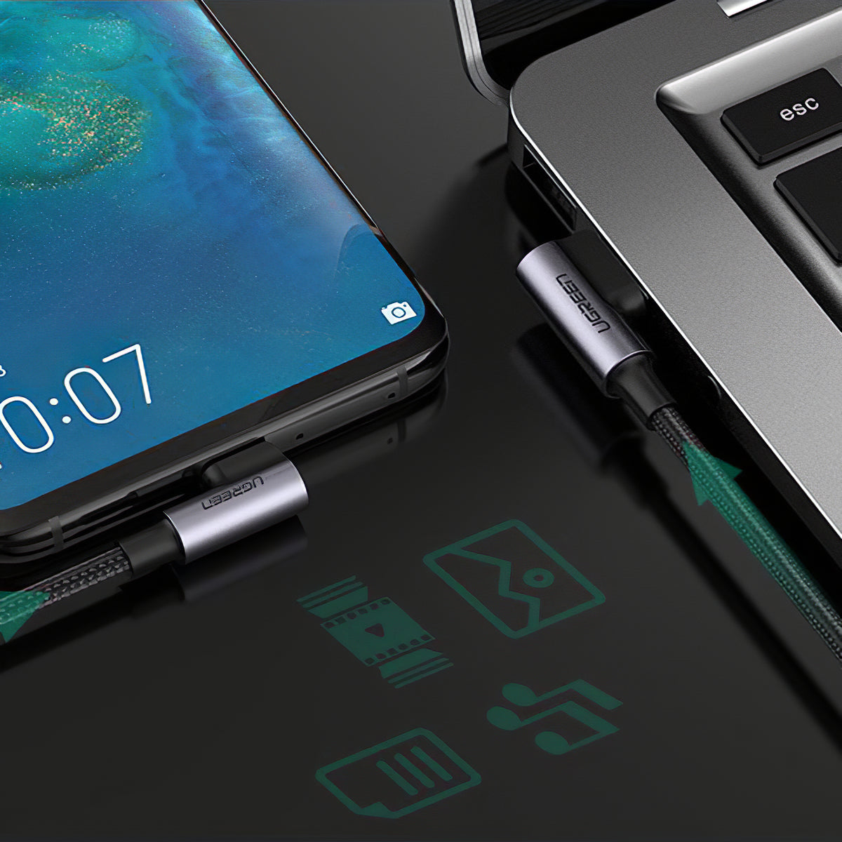 Kabel za prijenos podataka i punjenje USB-A - USB-C UGREEN US176 Angled, 18W, 2m, Crni
