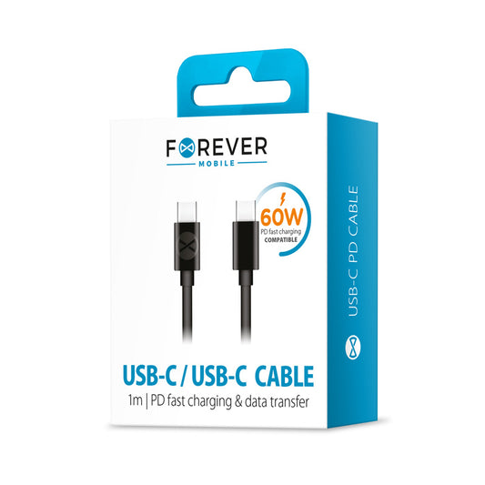Kabel za podatke i punjenje USB-C - USB-C Forever, 60W, 1m, Crni