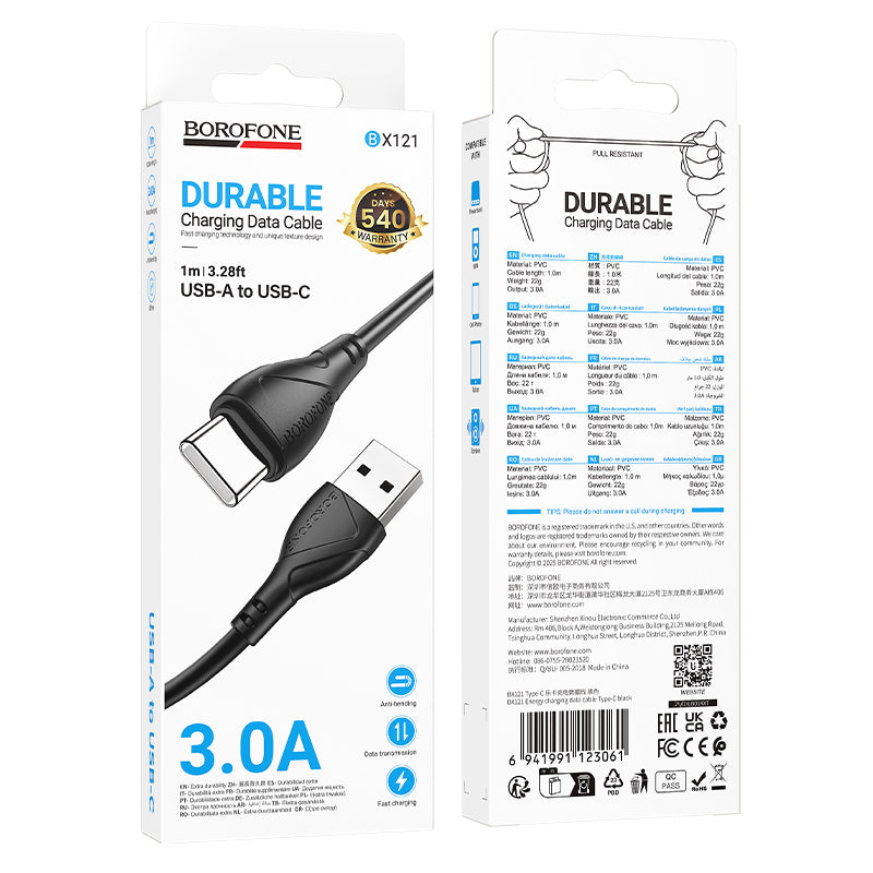 Kabel za podatke i punjenje USB-A - USB-C Borofone BX121 Energy, 18W, 1m, Crni