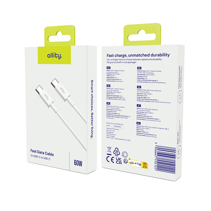 Kabel za podatke i punjenje USB-C - USB-C Allity. AUC-03, 100W, 2m, Bijeli