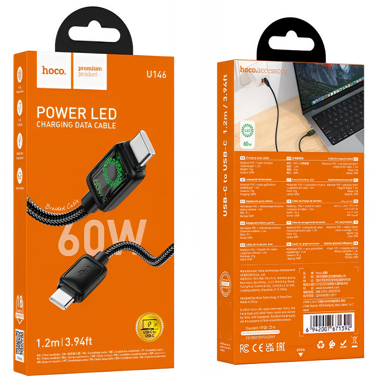 Kabel za podatke i punjenje USB-C - USB-C HOCO U146, 60W, 1.2m, Crni