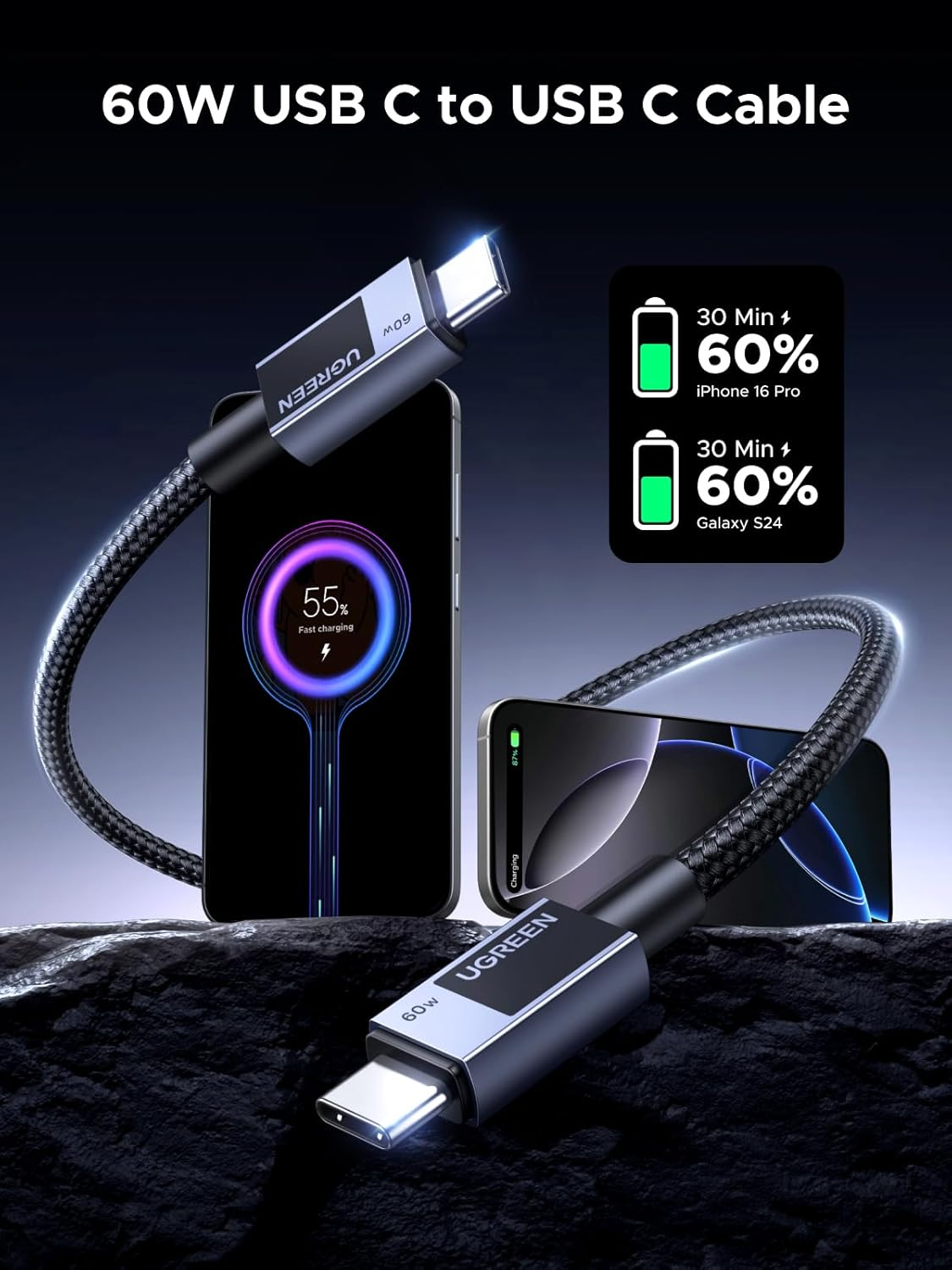 Kabel za podatke i punjenje USB-C - USB-C UGREEN L524, 60W, 2m, Sivi