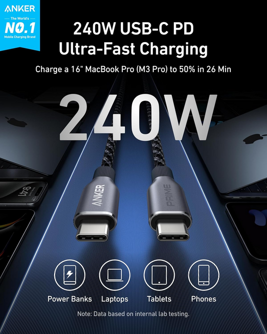 Anker Prime USB-C na USB-C kabel za prijenos podataka i punjenje, 240 W, 0,9 m, crni A88E2011