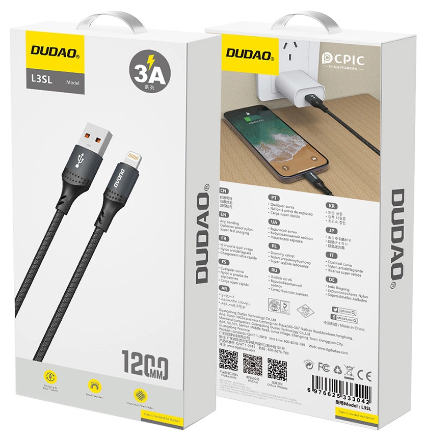 USB-A - Lightning kabel za prijenos podataka i punjenje Dudao L3SL, 30W, 1.2m, Crna