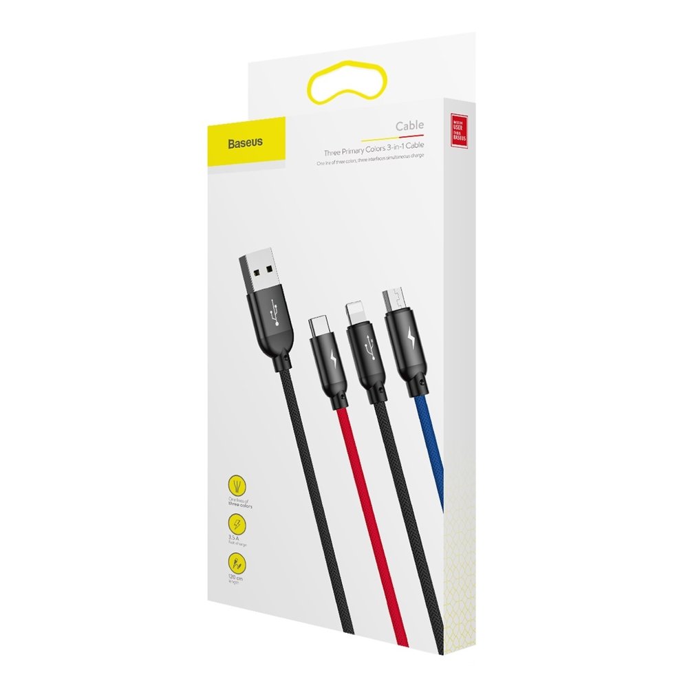 Kabel za punjenje USB-A - Lightning / microUSB / USB-C Baseus Colors 3in1, 20W, 1.2m, Crni CAMLT-BSY01