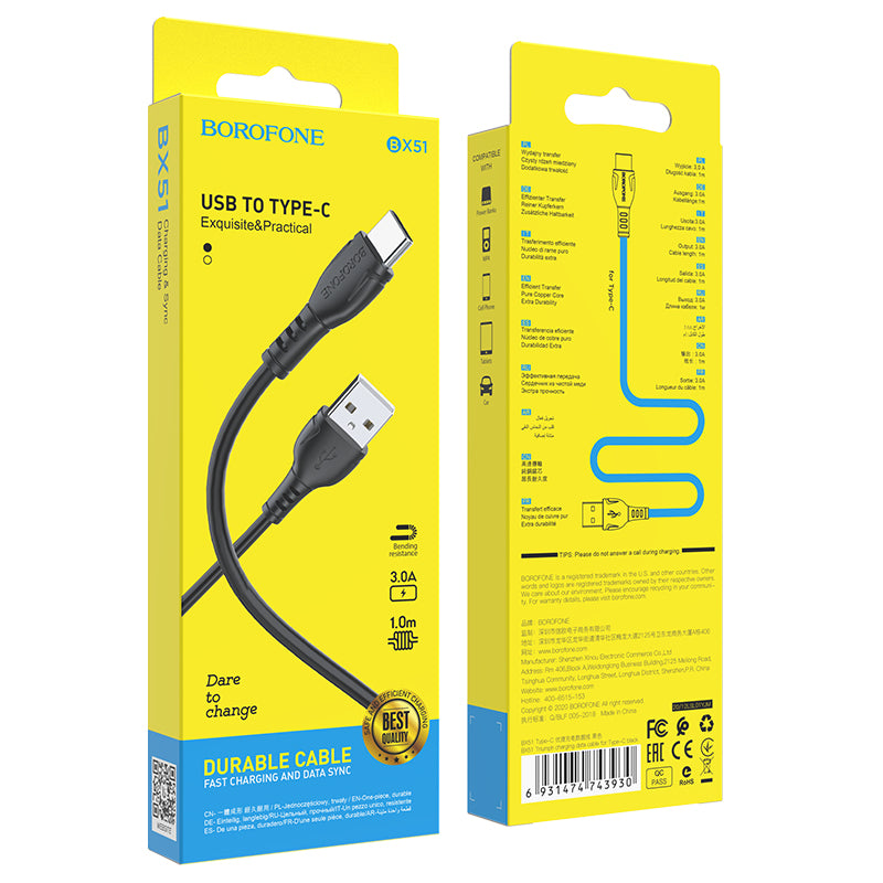 Kabel za prijenos podataka i punjenje USB-A - USB-C Borofone BX51 Triumph, 20W, 1m, Crni