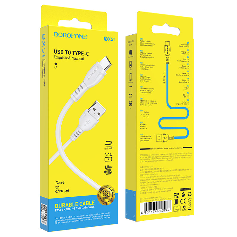 Kabel za podatke i punjenje USB-A - USB-C Borofone BX51 Triumph, 20W, 1m, Bijeli