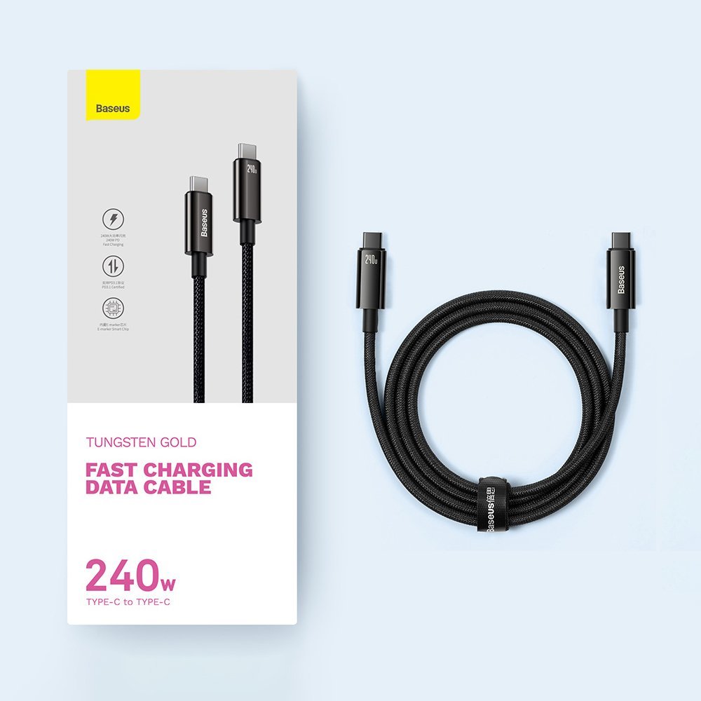 Kabel za Prijenos Podataka i Punjenje USB-C - USB-C Baseus Tungsten Gold, 240W, 1m, Crni CAWJ040001