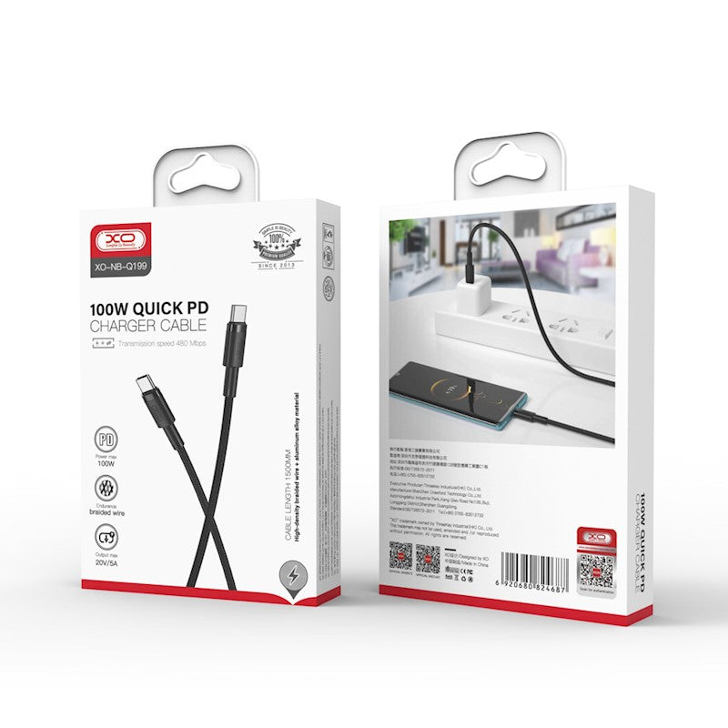 Kabel za podatke i punjenje USB-C - USB-C XO Design NB-Q199, 100W, 1.5m, Crni