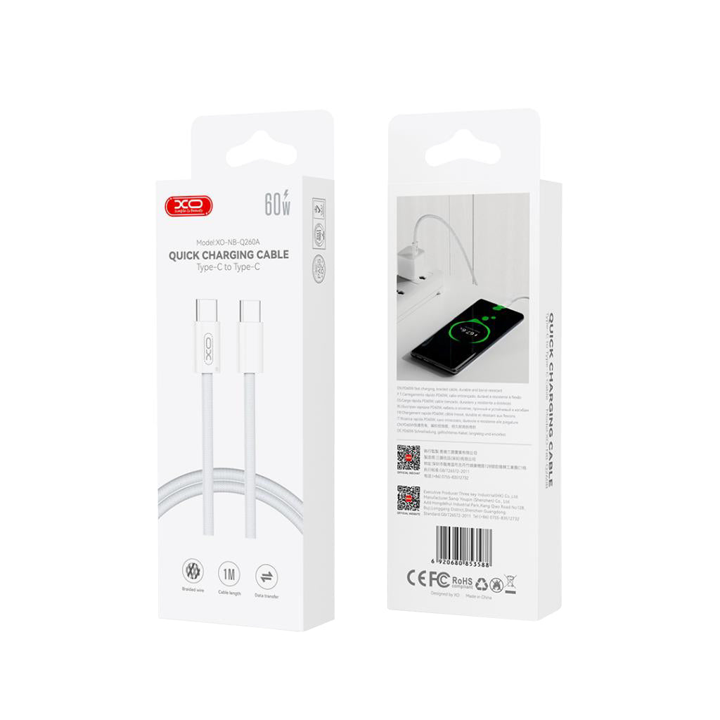 Kabel za podatke i punjenje USB-C - USB-C XO Design NB-Q260B, 60W, 1.5m, Bijeli
