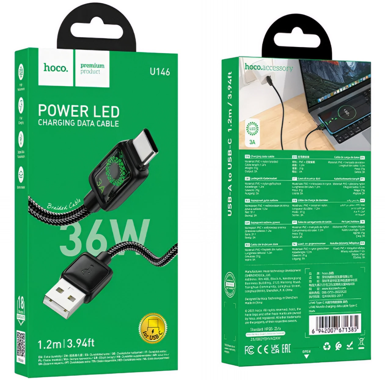 Kabel za podatke i punjenje USB-A - USB-C HOCO U146, 36W, 1.2m, Crni