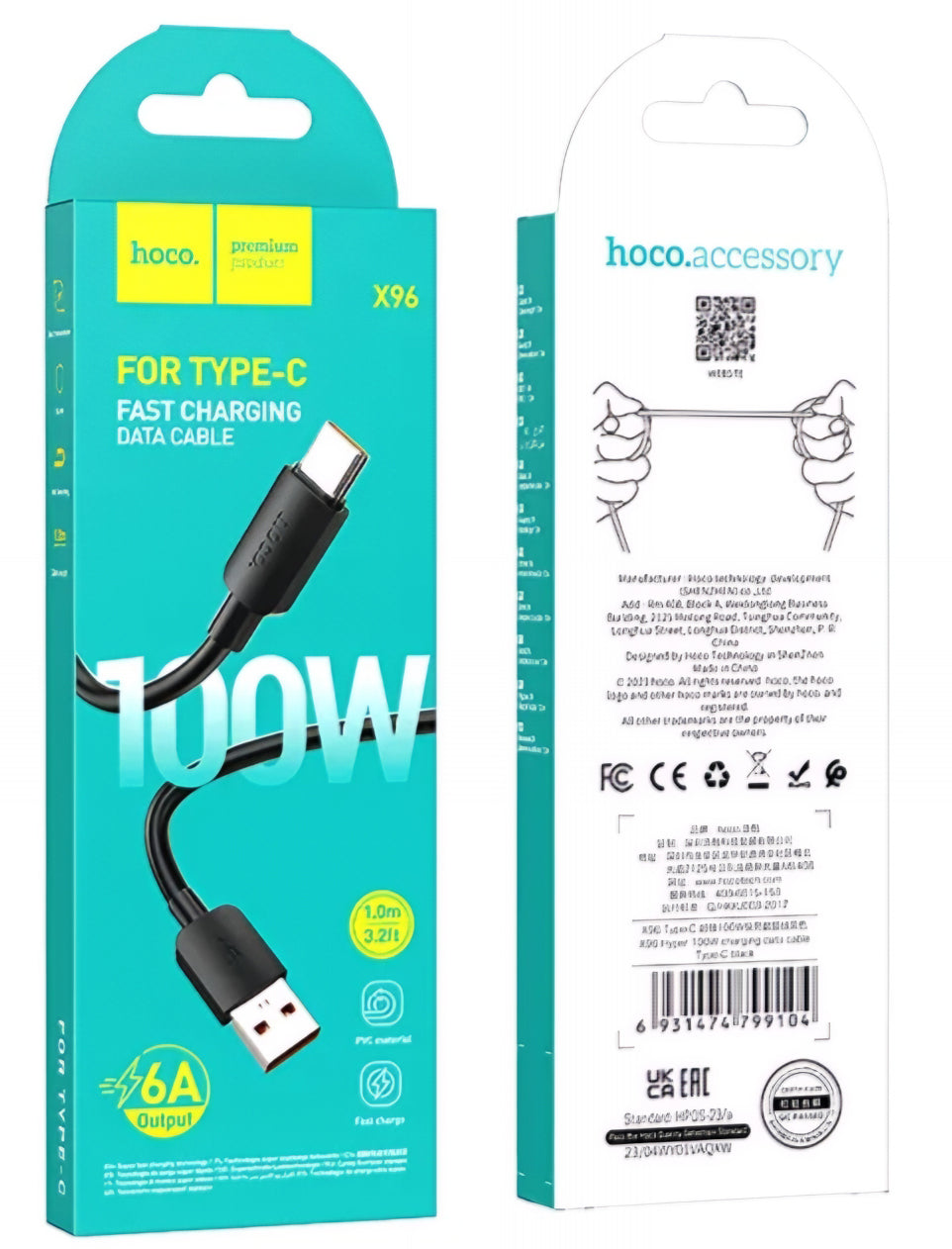 Kabel za Prijenos Podataka i Punjenje USB-A - USB-C HOCO X96, 100W, 1m, Crni