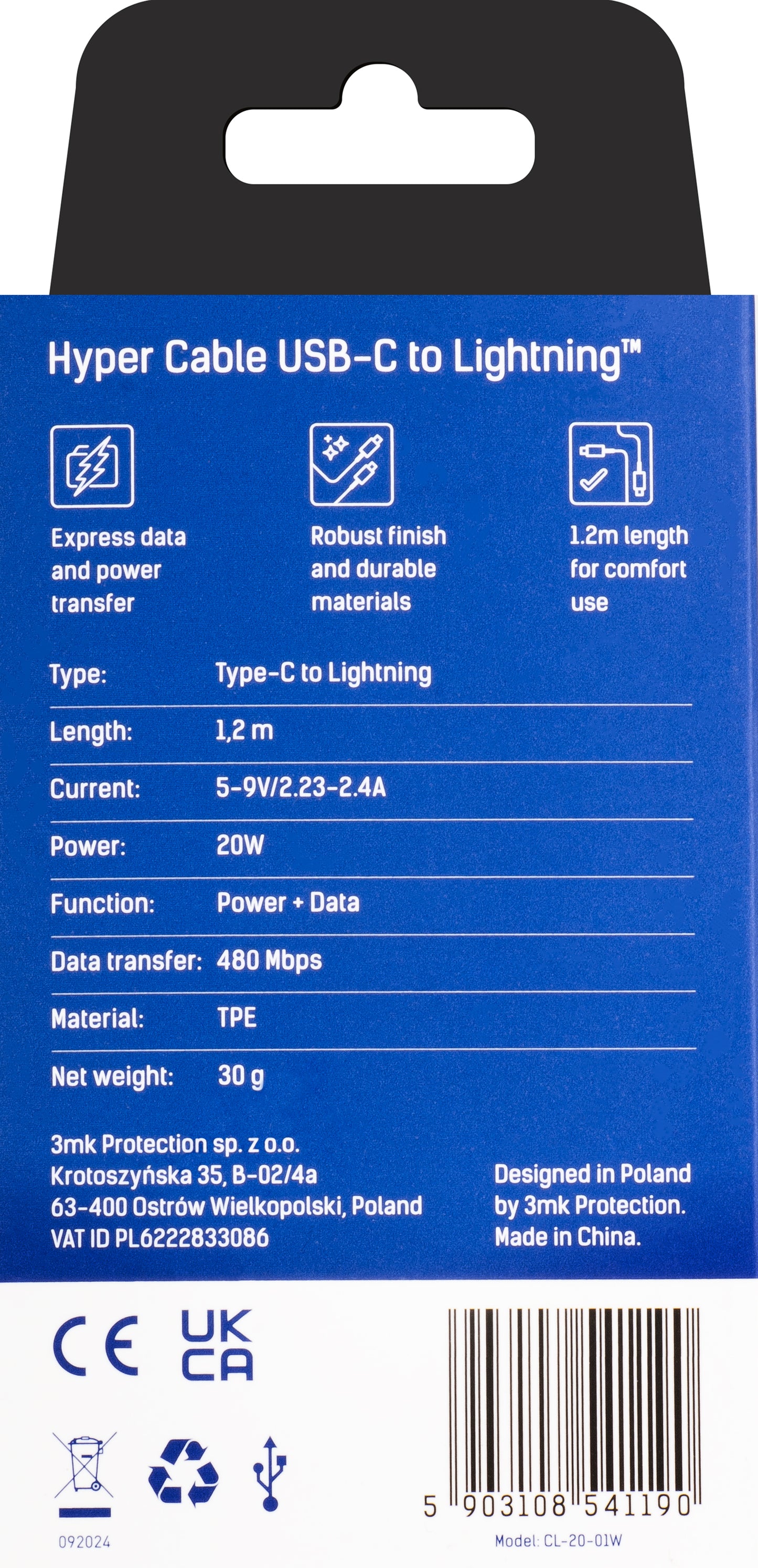 USB-C kabel za prijenos podataka i punjenje - Lightning 3MK Hyper, 20W, 1.2m, Bijeli