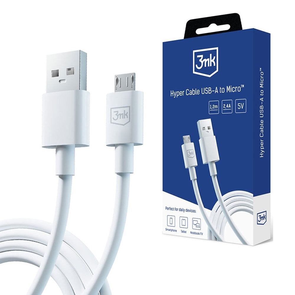 Kabel za podatke i punjenje USB-A - microUSB 3MK Hyper, 18W, 1.2m, Bijeli