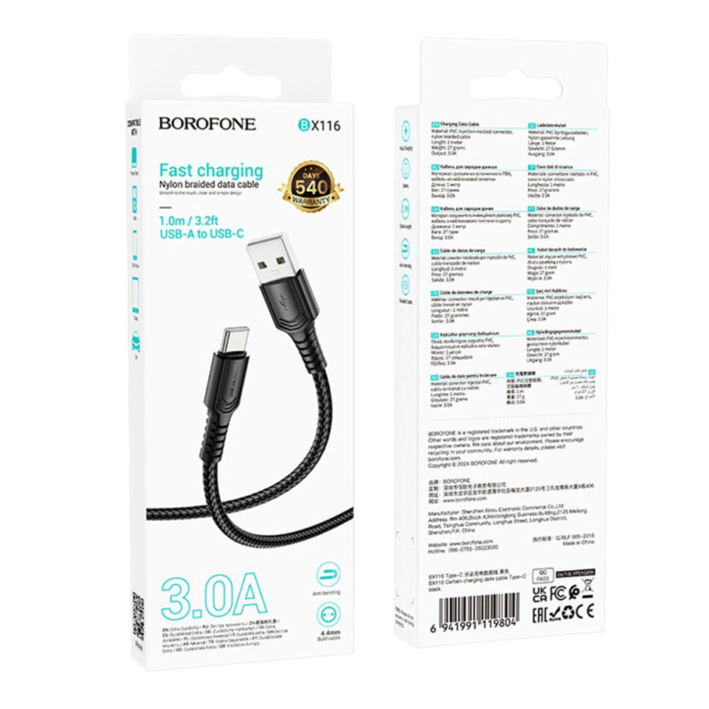 Kabel za podatke i punjenje USB-A - USB-C Borofone BX116 Certain, 18W, 1m, Crni