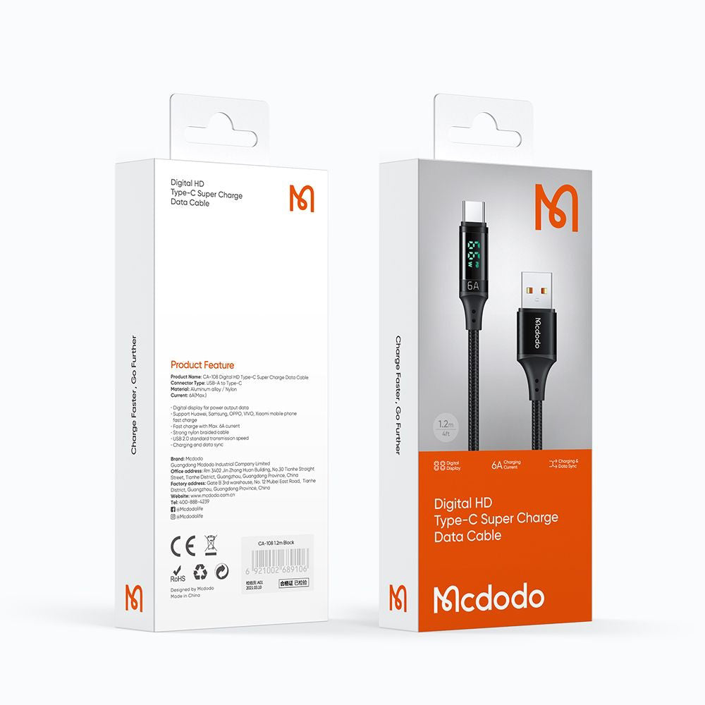 Kabel za podatke i punjenje USB-A - USB-C McDodo CA-1080 Display, 66W, 1.2m, Crni
