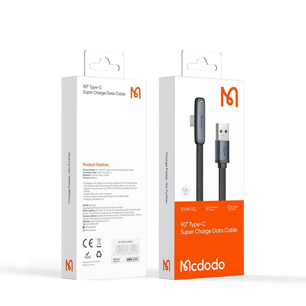 Kabel za podatke i punjenje USB-A - USB-C McDodo CA-3340 Angled, 100W, 1.2m, Crni