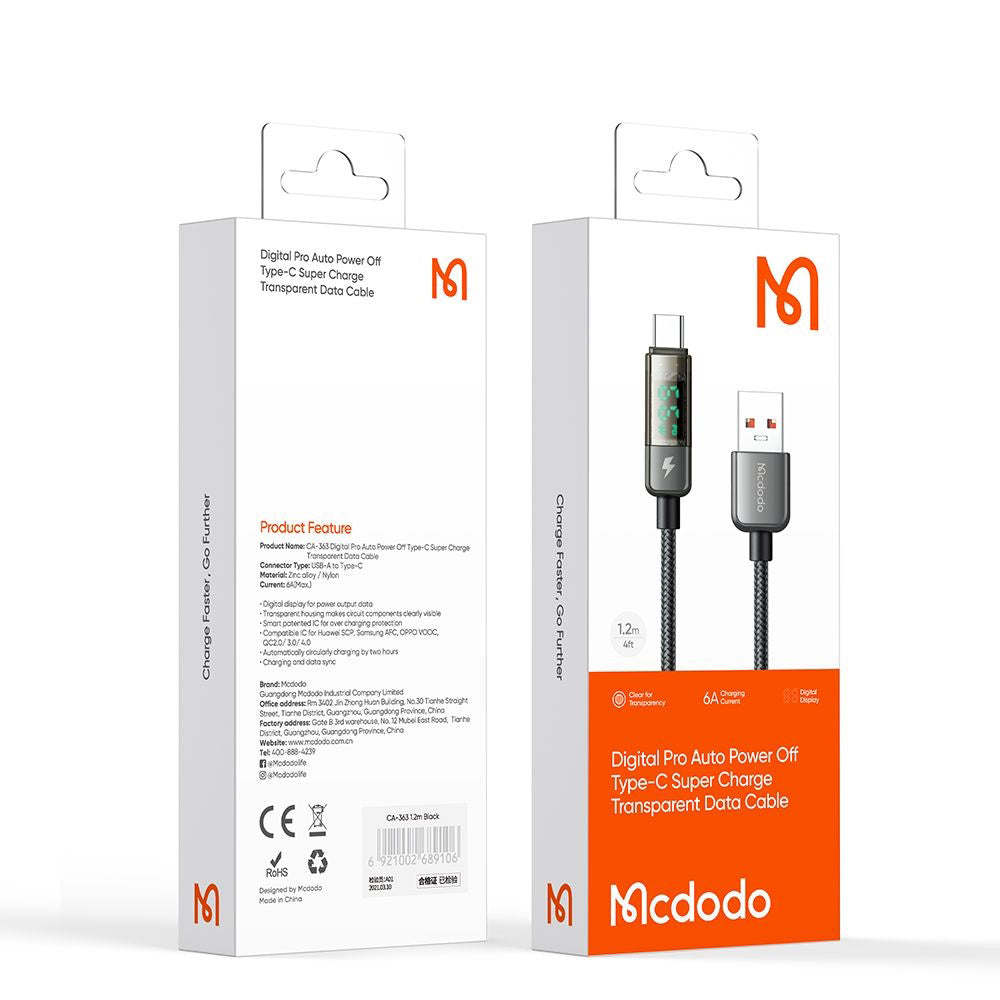 Kabel za podatke i punjenje USB-A - USB-C McDodo CA-3630 Display Auto Power Off, 66W, 1.2m, Crni
