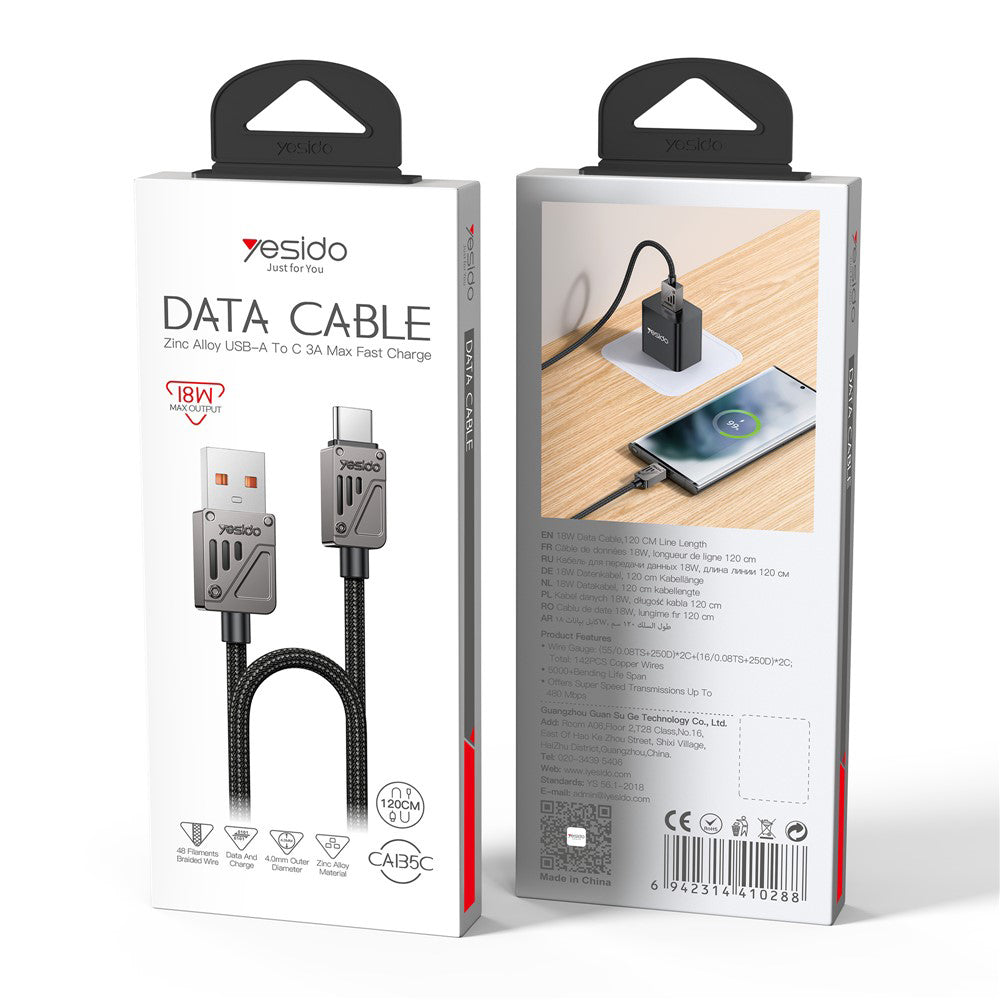 Kabel za podatke i punjenje USB-A - USB-C Yesido CA135C, 18W, 1.2m, Crni