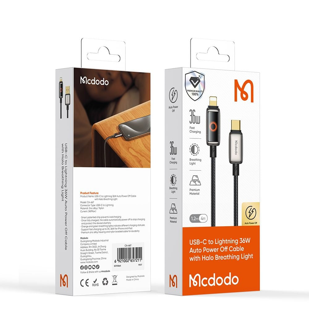 Kabel za podatke i punjenje USB-C - Lightning McDodo CA-6670 Auto Power Off, 36W, 1.2m, Crni