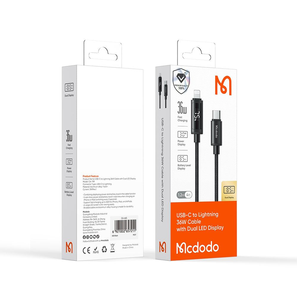 Kabel za podatke i punjenje USB-C - Lightning McDodo CA-7990 Display, 36W, 1.2m, Crni