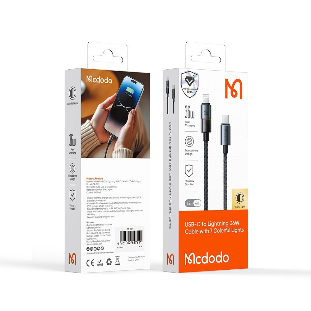Kabel za podatke i punjenje USB-C - Lightning McDodo CA-8190 Colorful, 36W, 1.2m, Crni