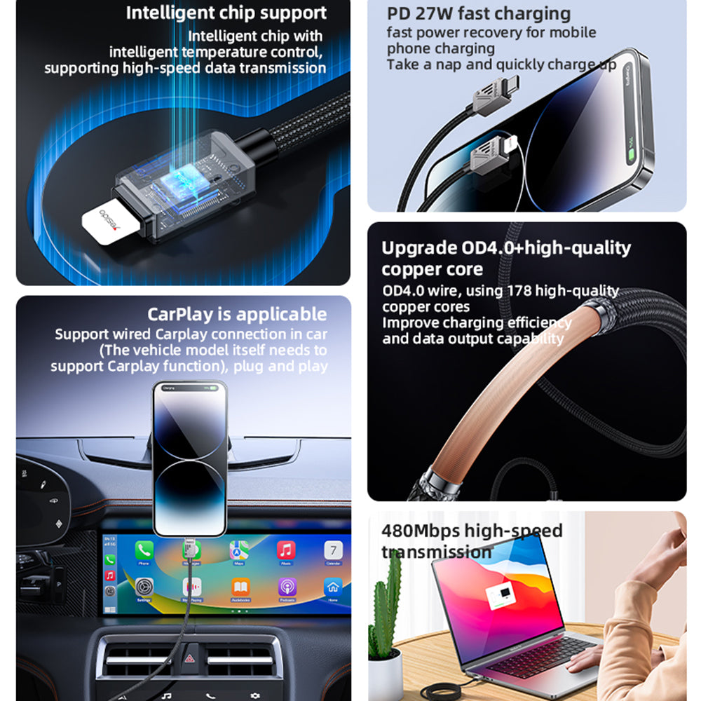 Kabel za podatke i punjenje USB-C - Lightning Yesido CA195, 27W, 1.2m, Crni