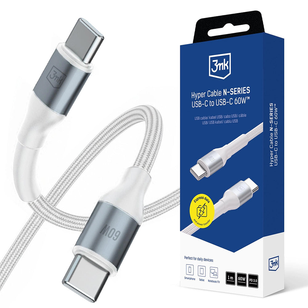 Kabel za podatke i punjenje USB-C - USB-C 3MK Hyper N, 60W, 1m, Bijeli