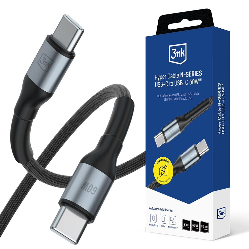 Kabel za podatke i punjenje USB-C - USB-C 3MK Hyper N, 60W, 2m, Crni