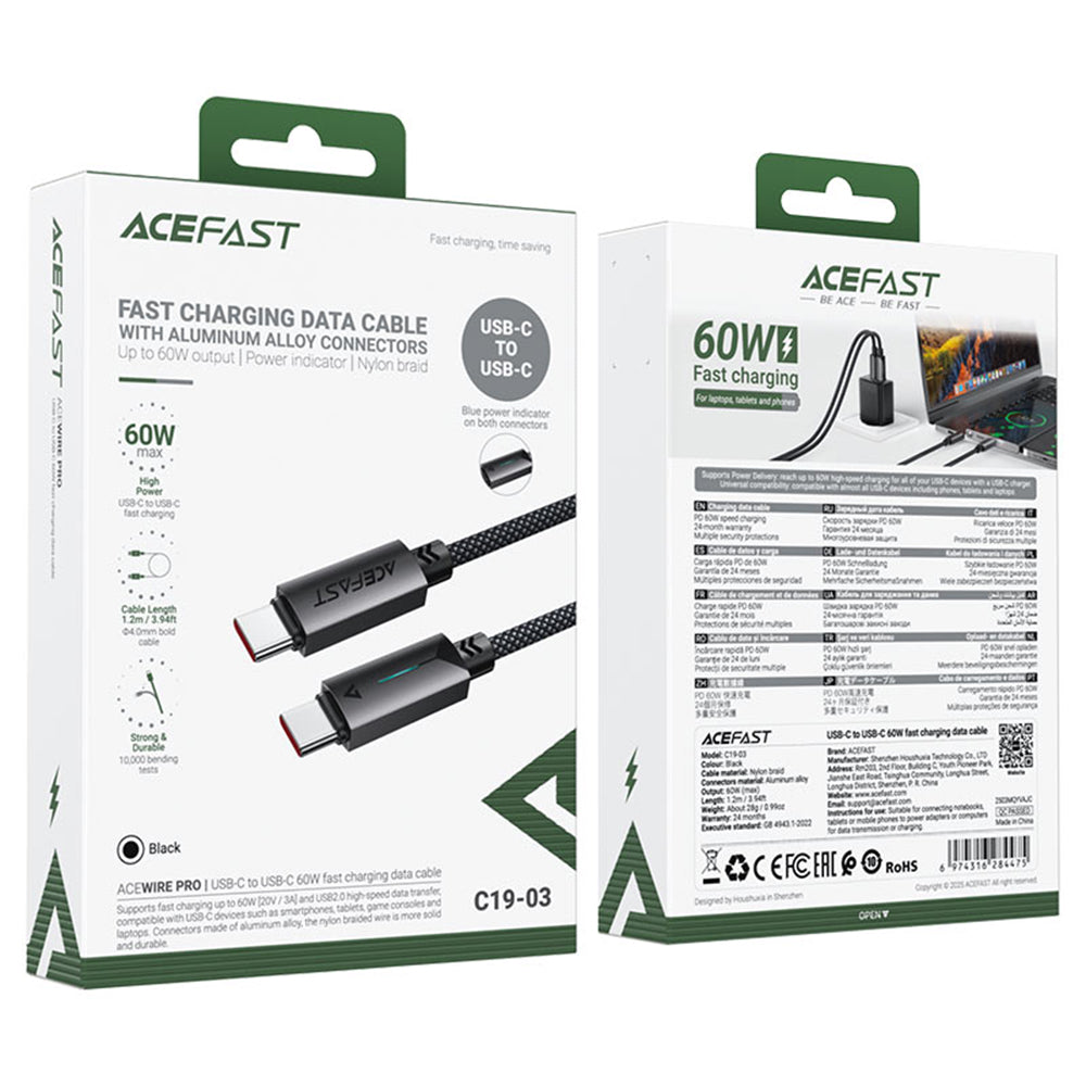 Kabel za podatke i punjenje USB-C - USB-C Acefast C19-03, 60W, 1.2m, Crni