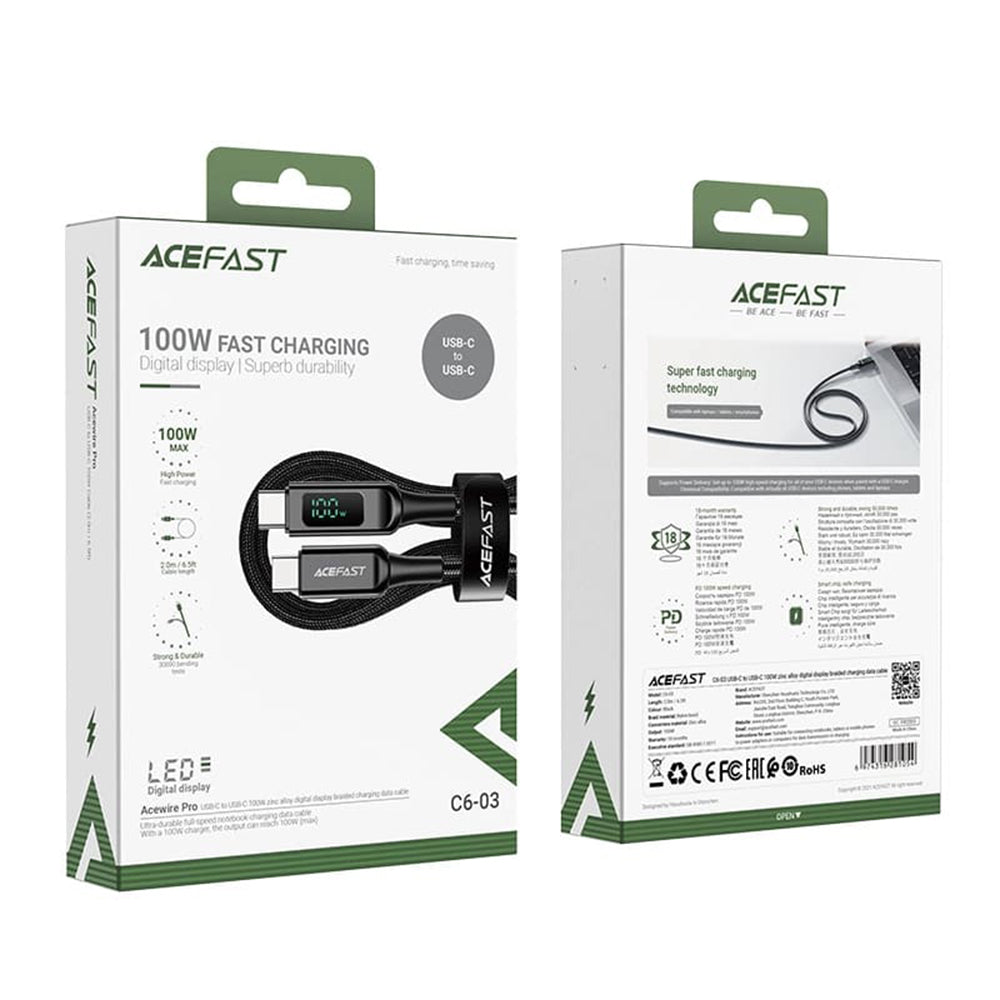Kabel za podatke i punjenje USB-C - USB-C Acefast C6-03 Display, 100W, 2m, Crni