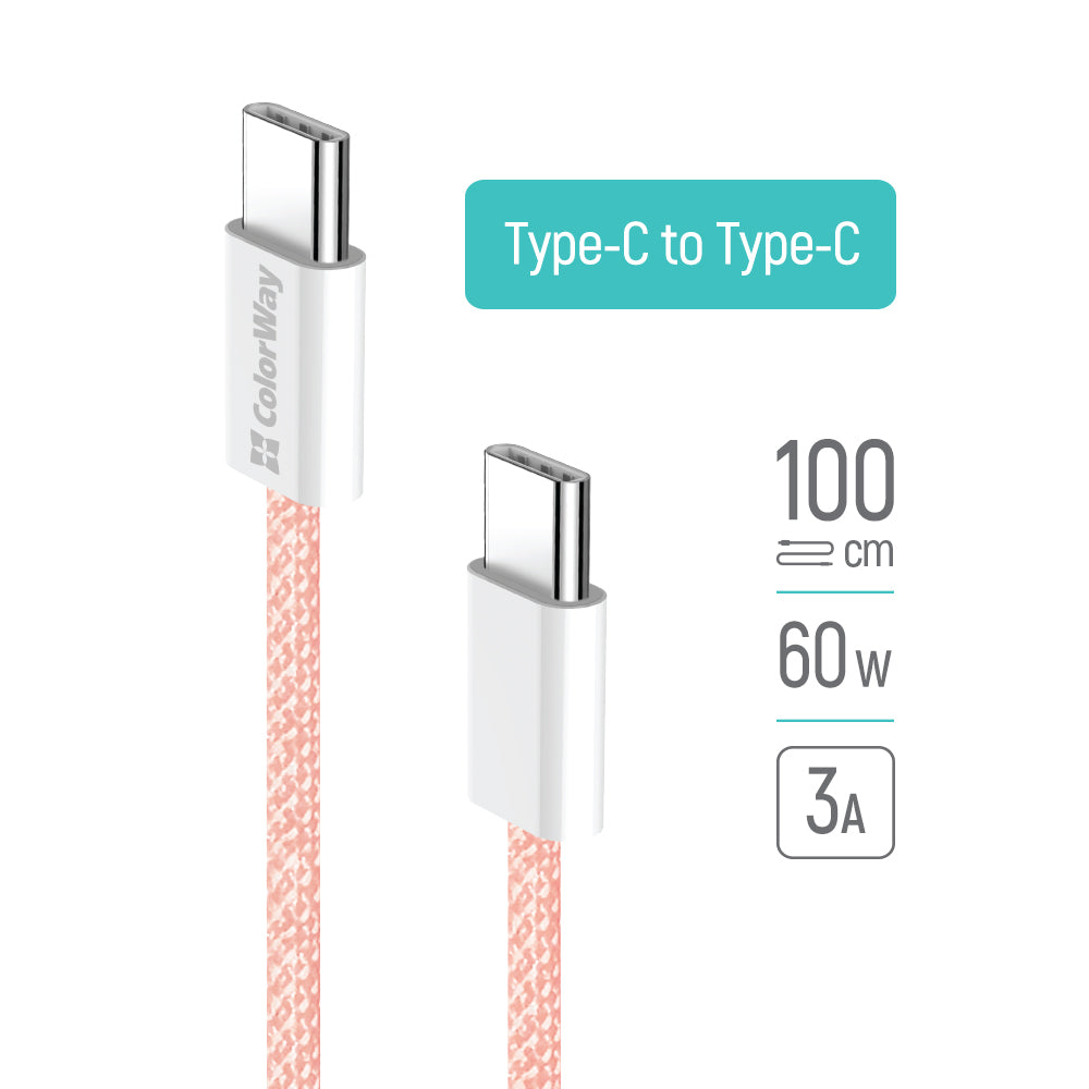 Kabel za podatke i punjenje USB-C - USB-C ColorWay CW-CBPDCC061, 60W, 1m, Roza