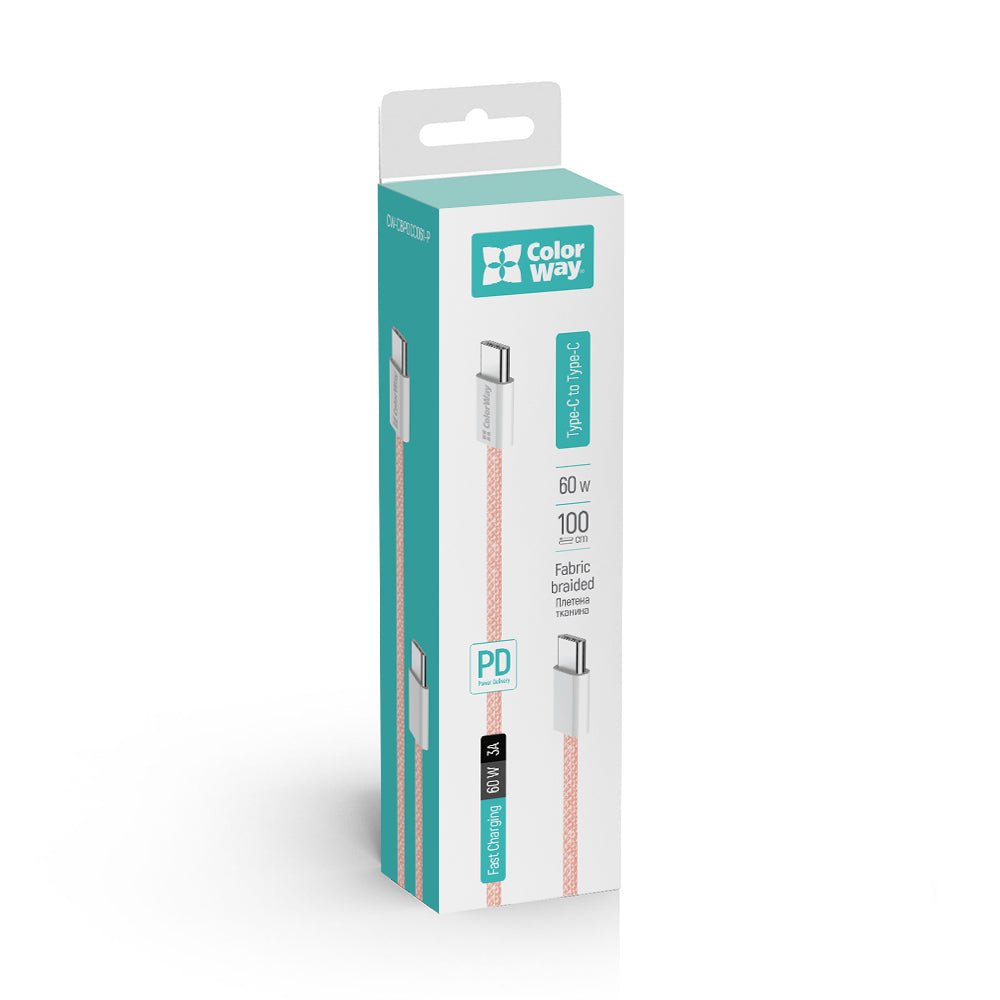 Kabel za podatke i punjenje USB-C - USB-C ColorWay CW-CBPDCC061, 60W, 1m, Roza