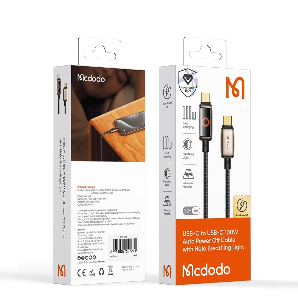 Kabel za podatke i punjenje USB-C - USB-C McDodo CA-6681 Auto Power Off, 100W, 1.2m, Zlatni