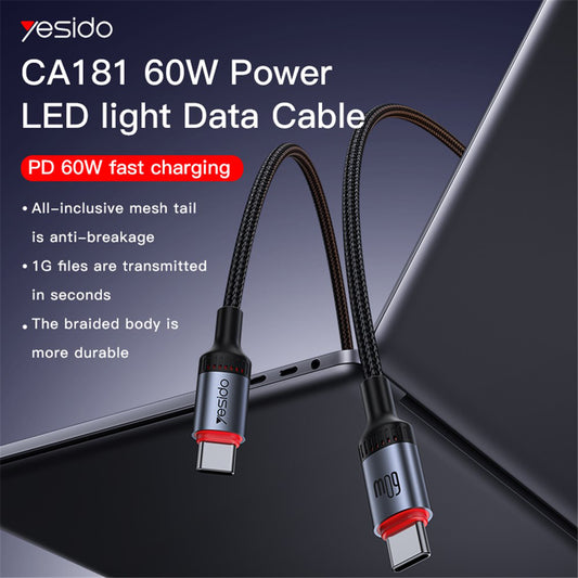 Kabel za prijenos podataka i punjenje USB-C - USB-C Yesido CA181, 60W, 1.2m, Crni