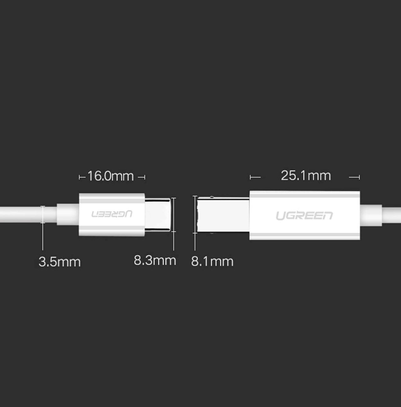 Printer kabel UGREEN US241, USB-C - USB-B, 1.5m, Bijeli