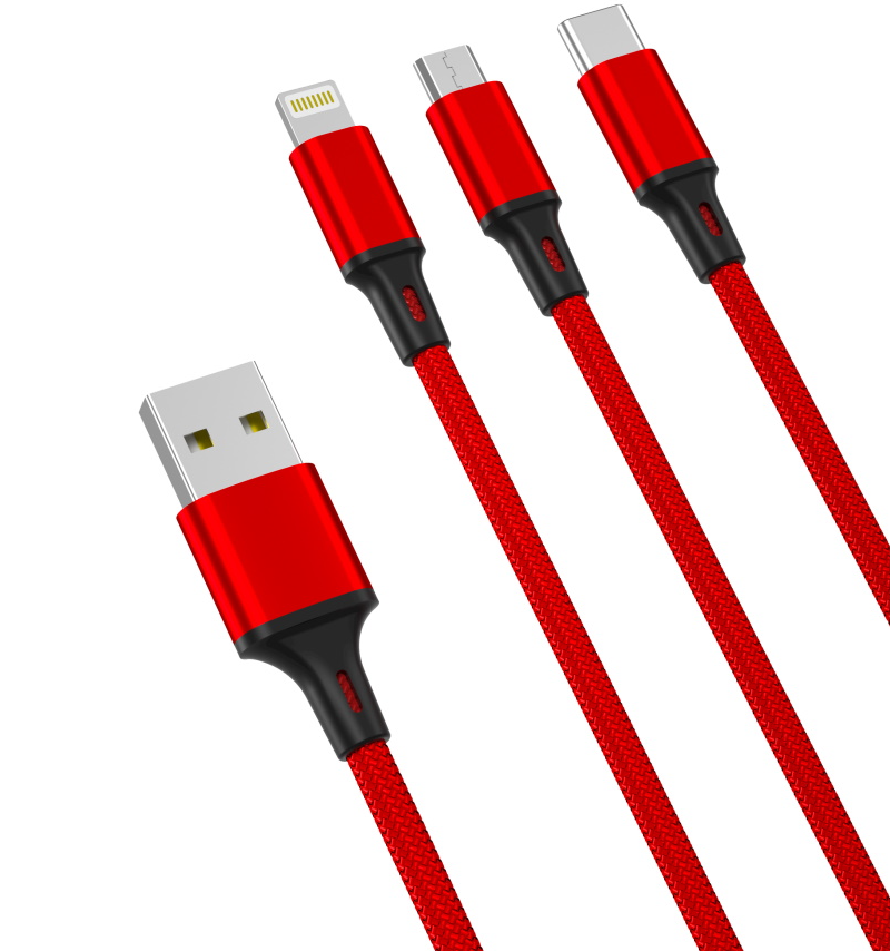 Kabel za punjenje USB-A - Lightning / microUSB / USB-C XO Design NB173 3u1, 18W, 1.2m, Crveni