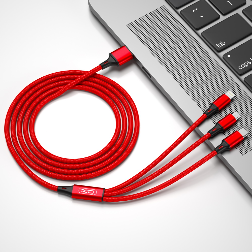 Kabel za punjenje USB-A - Lightning / microUSB / USB-C XO Design NB173 3u1, 18W, 1.2m, Crveni