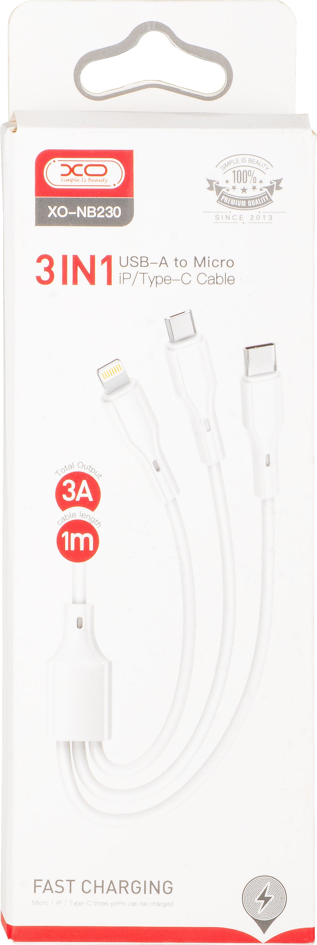 Kabel za punjenje USB-A - Lightning / microUSB / USB-C XO Design NB230 3u1, 20W, 1m, Bijeli